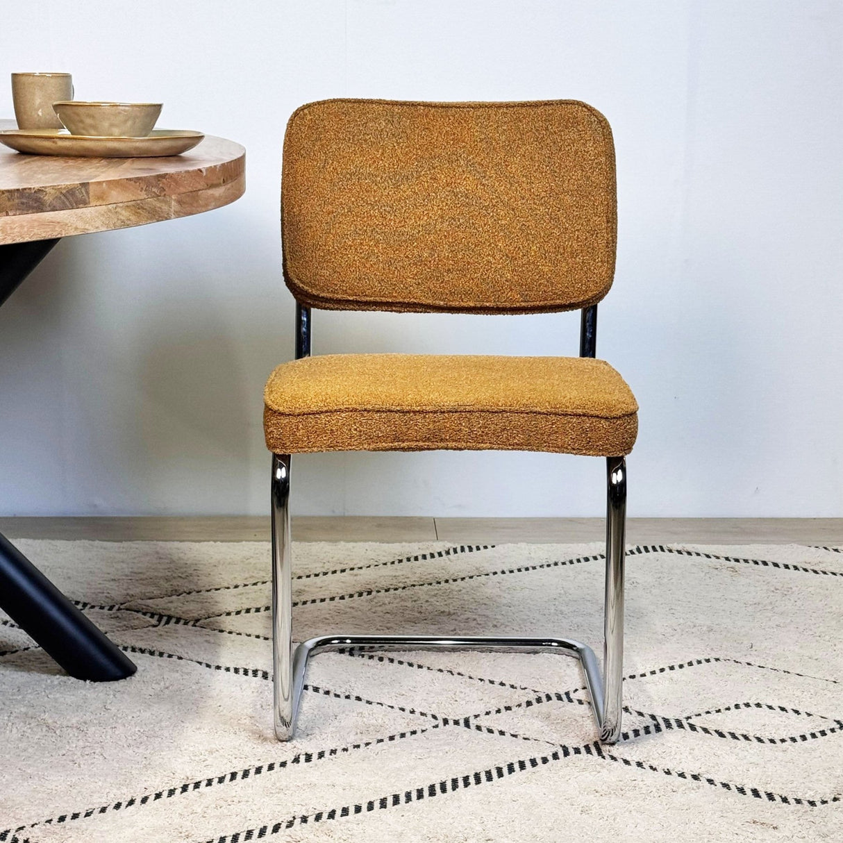 Modern Dining Chair Copper Bouclé Fabric Sway - Chrome Frame - Without Armrests