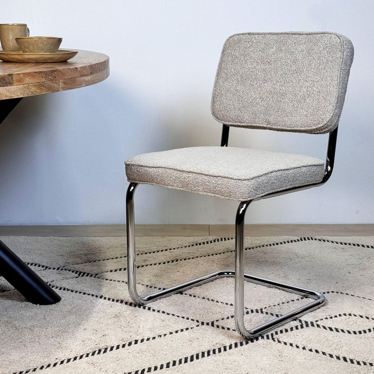 Modern Dining Chair Sand Color Bouclé Fabric Sway - Chrome Frame - Without Armrests