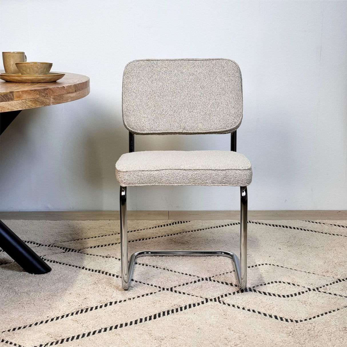 Modern Dining Chair Sand Color Bouclé Fabric Sway - Chrome Frame - Without Armrests