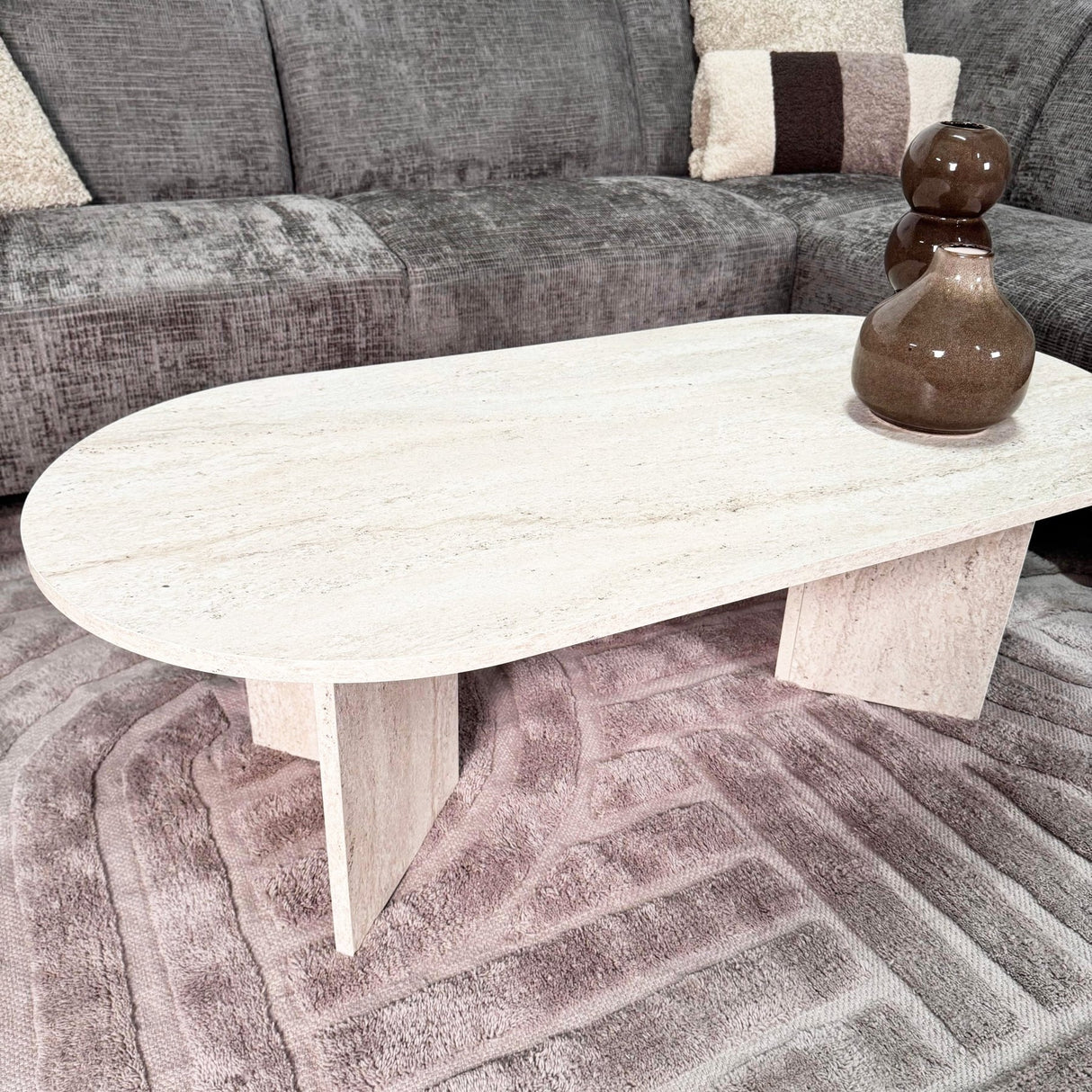 Oval Coffee Table Travertine look Sabla - 119x60