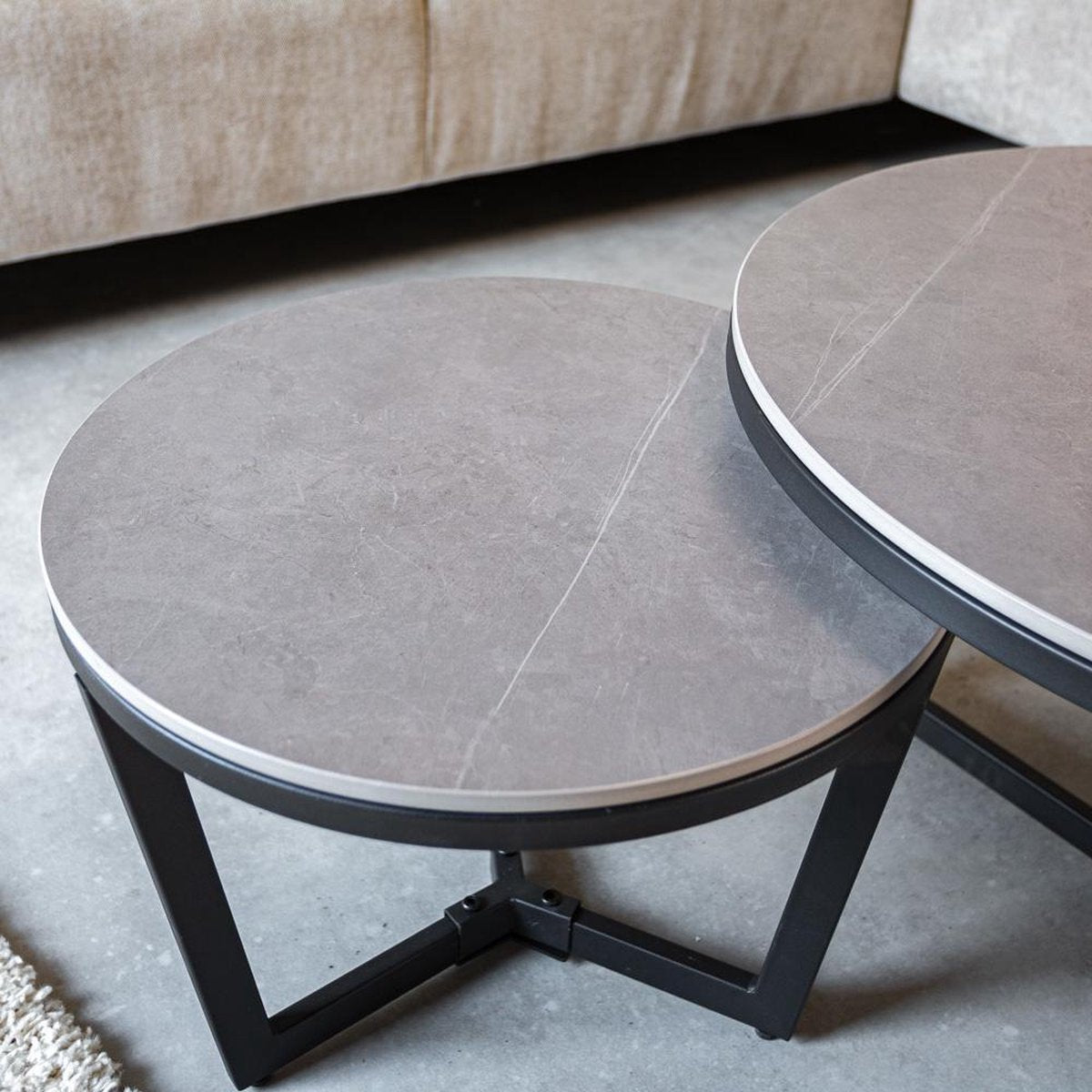 Coffee table set of 2 Brady Round Marmerlook Grey