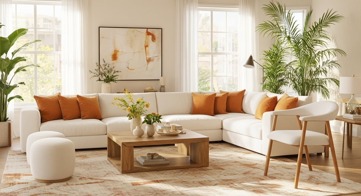 Japandi Dining Chair Sand Color Bouclé Suki - Oak Look Frame - With Armrest 