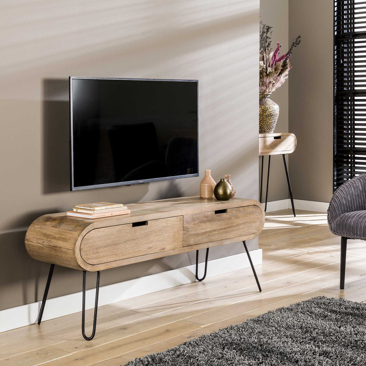 Industrial TV Cabinet Jasmine Mango wood 2 drawers 135x35 cm