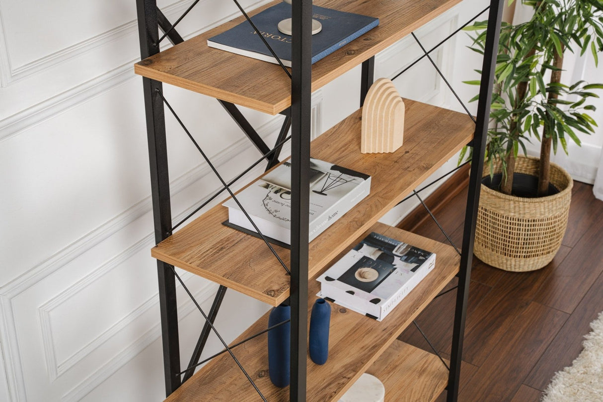Industrial Bookcase Ely Atlantic Pinewood Melamine - Black Frame - 180x90 cm 