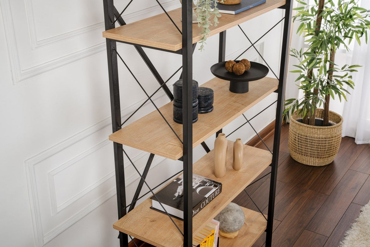 Industrial Bookcase Ely Oak Melamine - Black Frame - 180x90 cm 