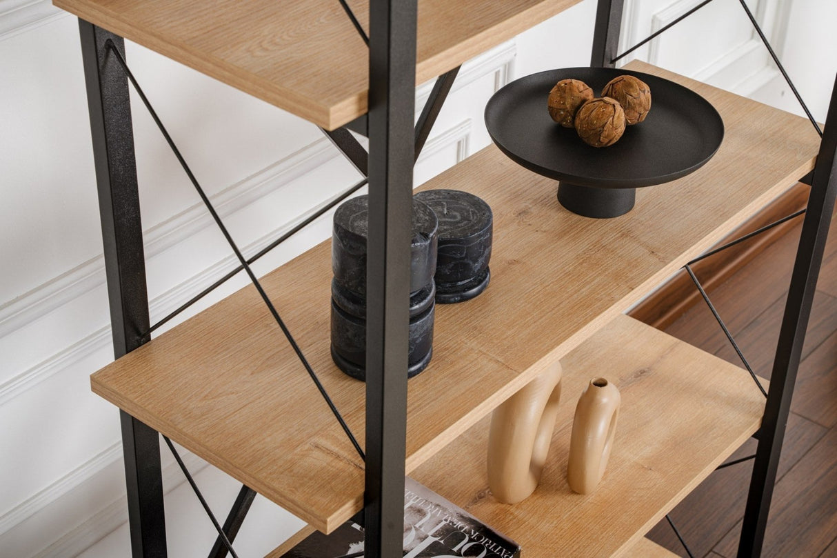 Industrial Bookcase Ely Oak Melamine - Black Frame - 180x90 cm 