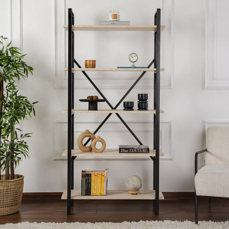 Industrial Bookcase Ely Travertine Melamine - Black Frame - 180x90 cm 