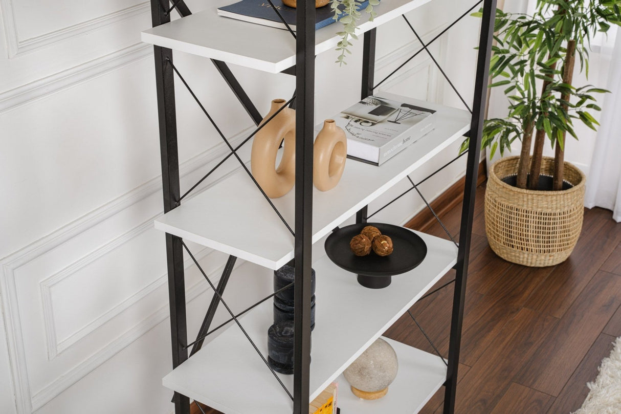 Industrial Bookshelf Ely White Wood Melamine - Black Frame - 180x90 cm 