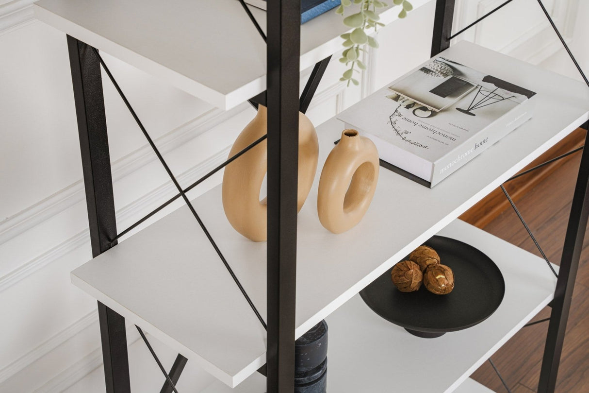 Industrial Bookshelf Ely White Wood Melamine - Black Frame - 180x90 cm 
