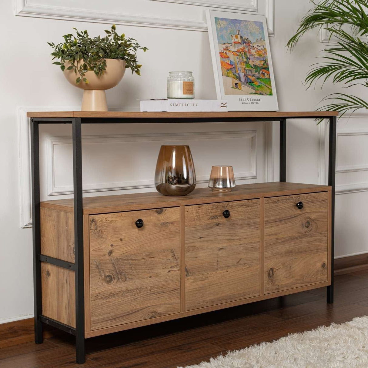 Sideboard Atlantic Pine Saloce - Black Frame - Three Compartments - 120x77 cm 
