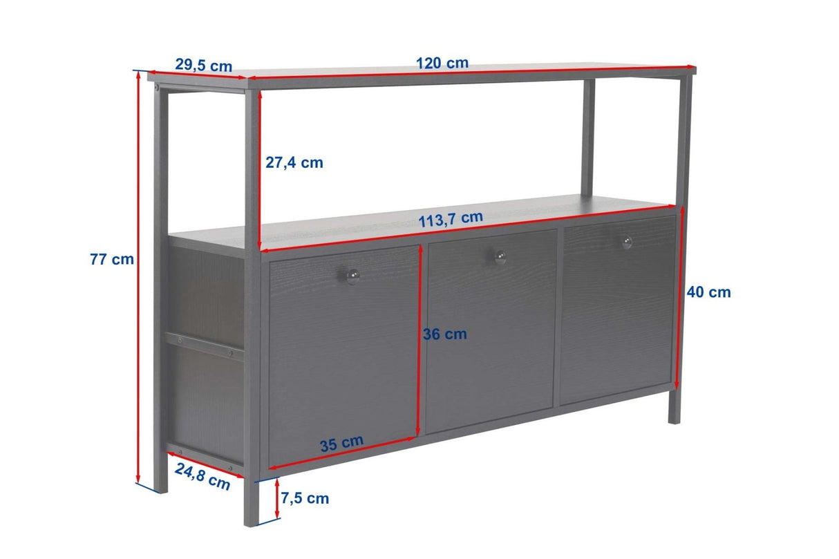 Sideboard Atlantic Pine Saloce - Black Frame - Three Compartments - 120x77 cm 