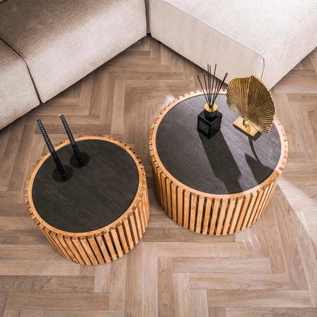 Round coffee table set Taylor slate acacia wood