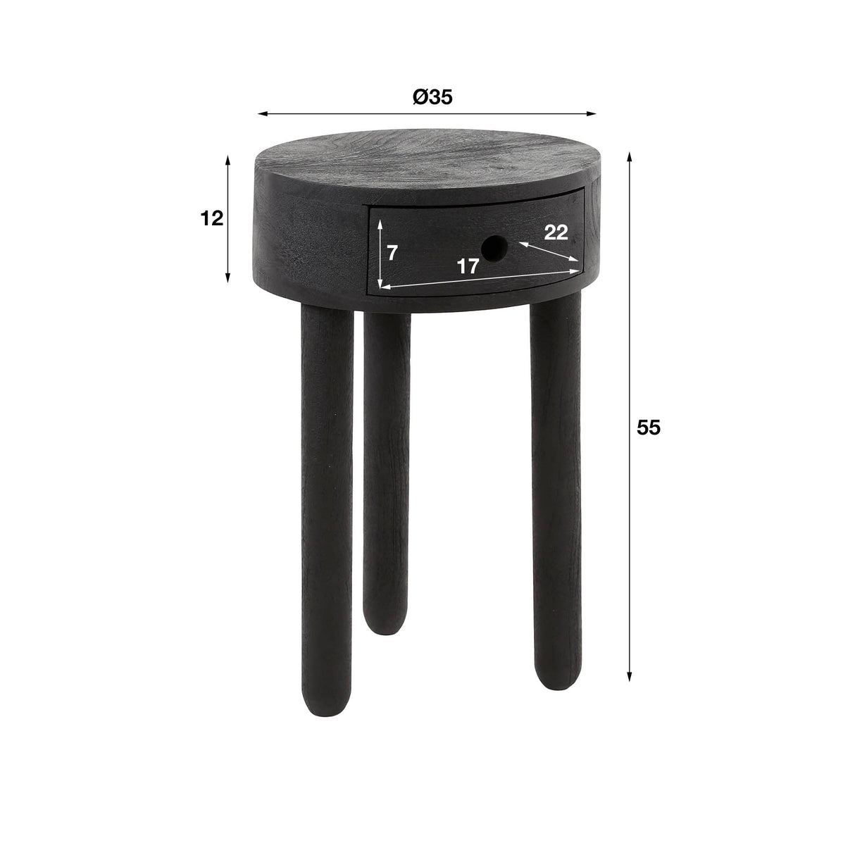 Round Bedside table Davey Black Acaciahout 1 Drawer