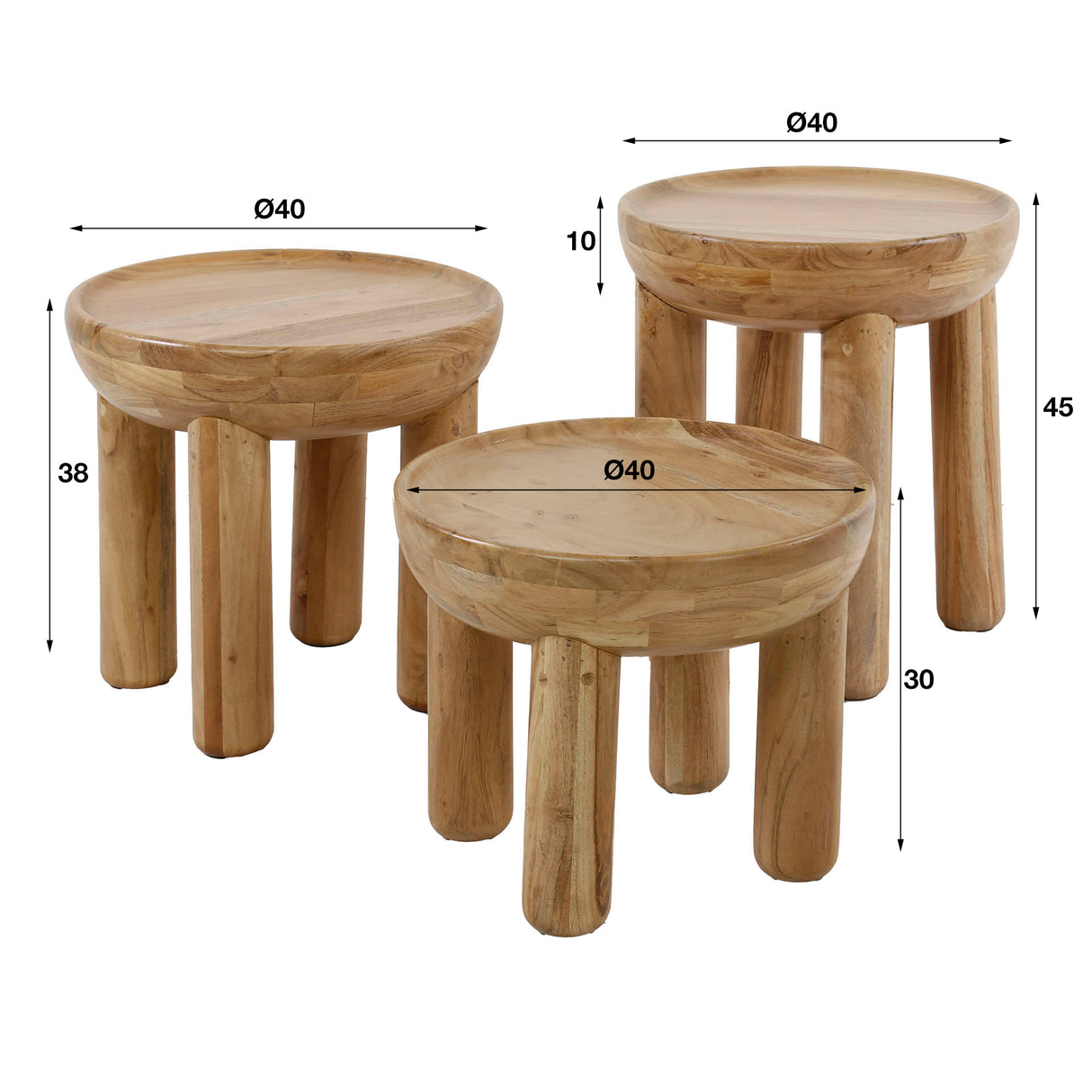 Round coffee table set of 3 Rex Solid Acaciahout