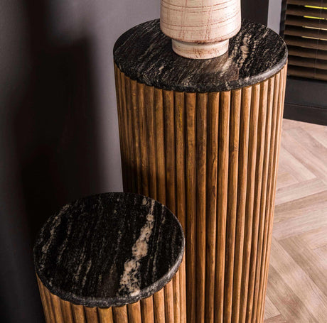 Flower columns set of 2 Louis mango wood black marble Ø35-Ø25 cm