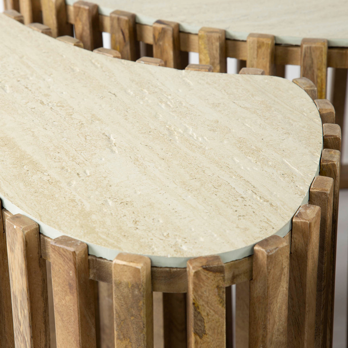 Vento kidney-shaped coffee table set of 3 travertine solid mango sand 