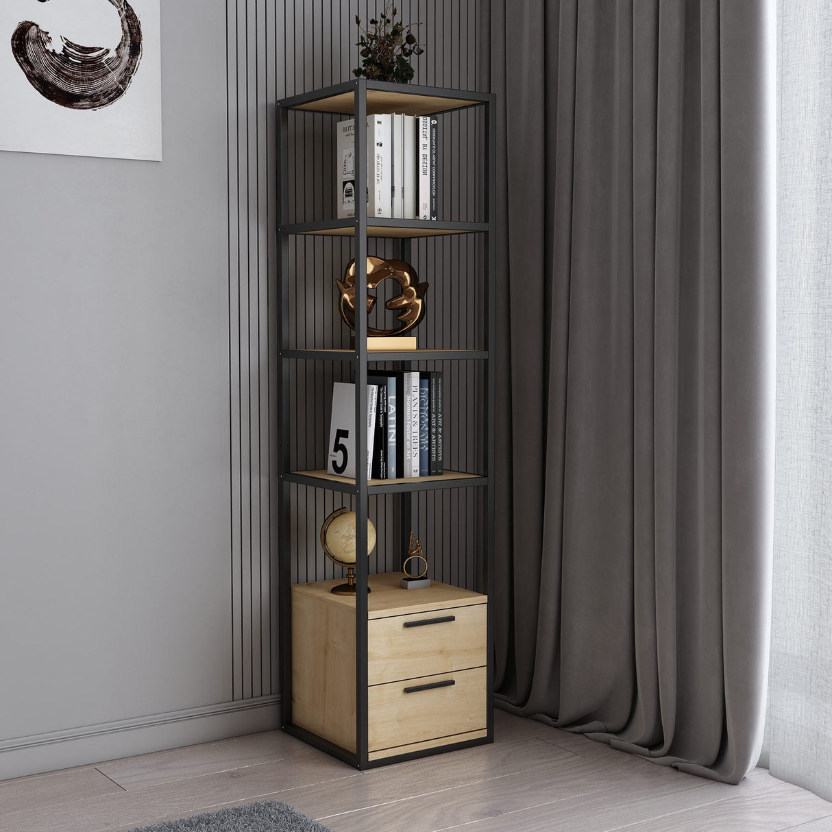 Bookcase Robbins Black Black Oak Melamine 39x160x39 cm