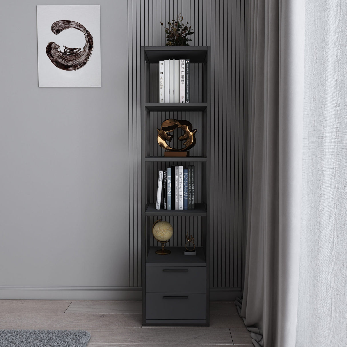 Bookcase Robbins Black Black Anthracite Melamine 39x160x39 cm