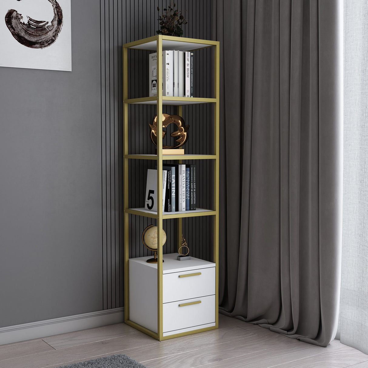 Bookcase Robbins Gold Gold White Melamine 39X160X39 CM