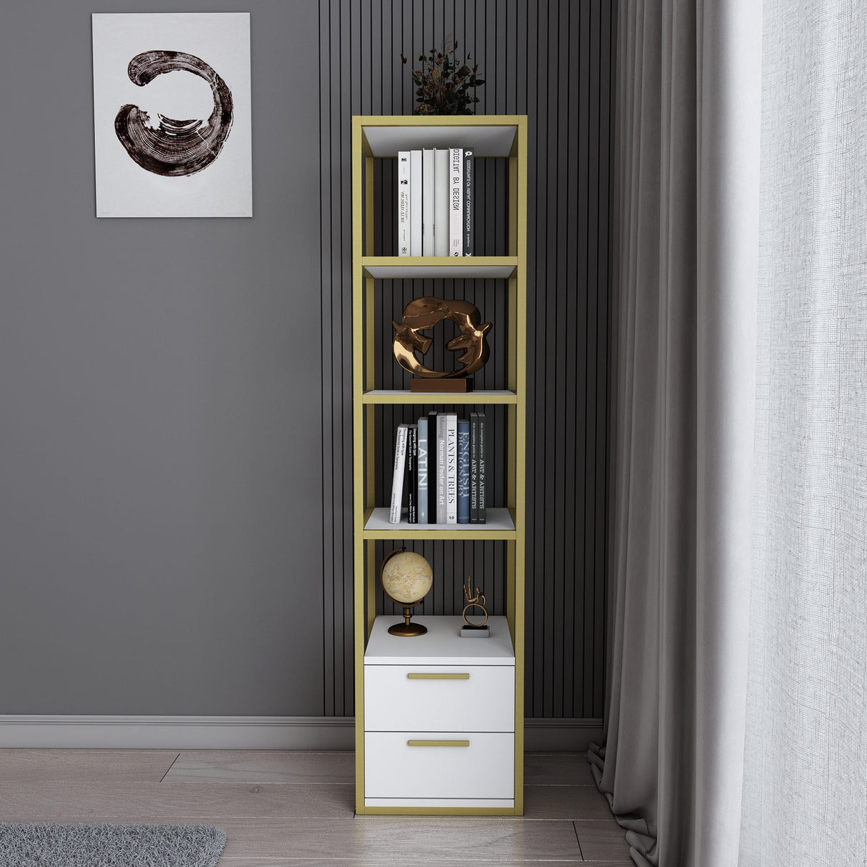 Bookcase Robbins Gold Gold White Melamine 39X160X39 CM