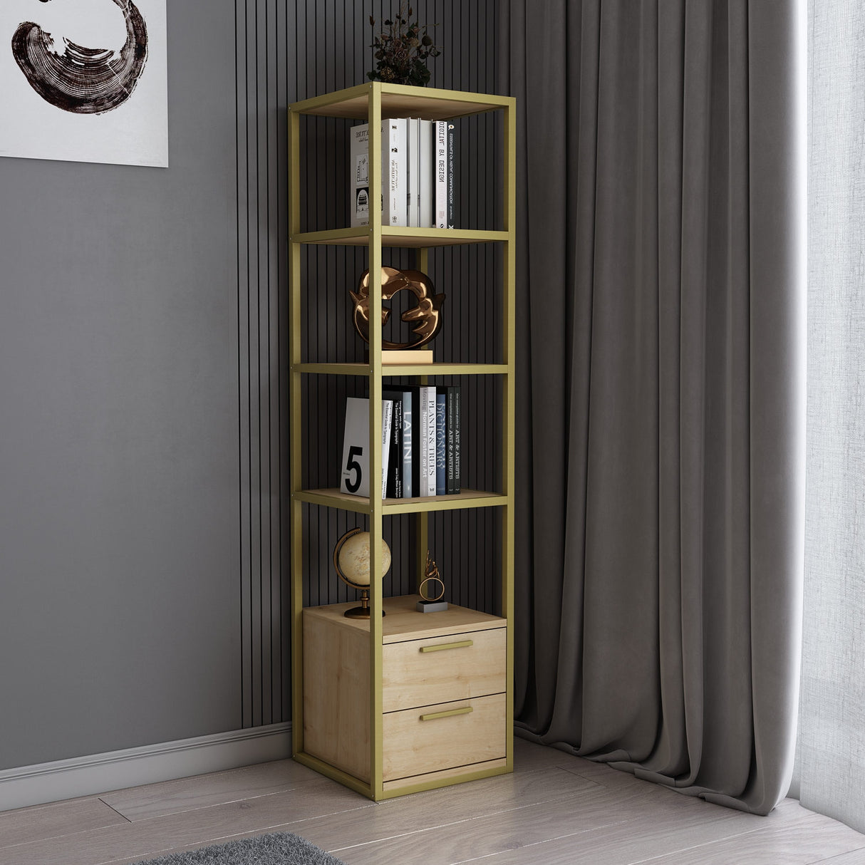 Bookcase Robbins Gold Gold Eik Melamine 39x160x39 cm