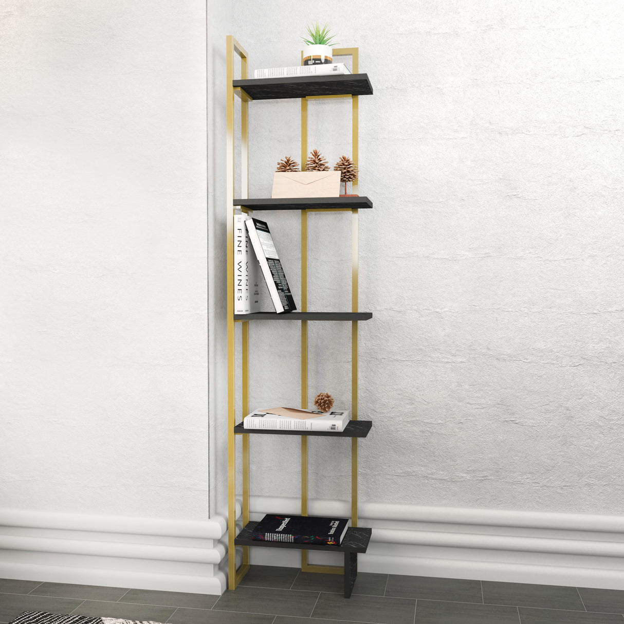 Bookcase Alice Black Gold Melamine 45.2x180x21.6 cm