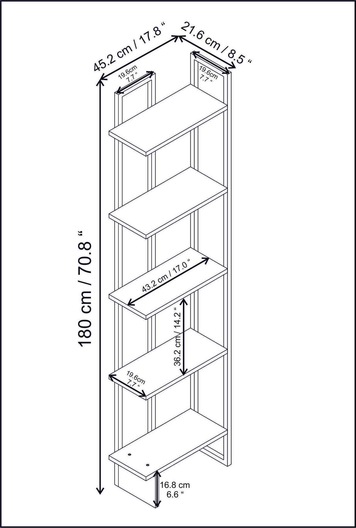 Bookcase Alice Black Gold Melamine 45.2x180x21.6 cm