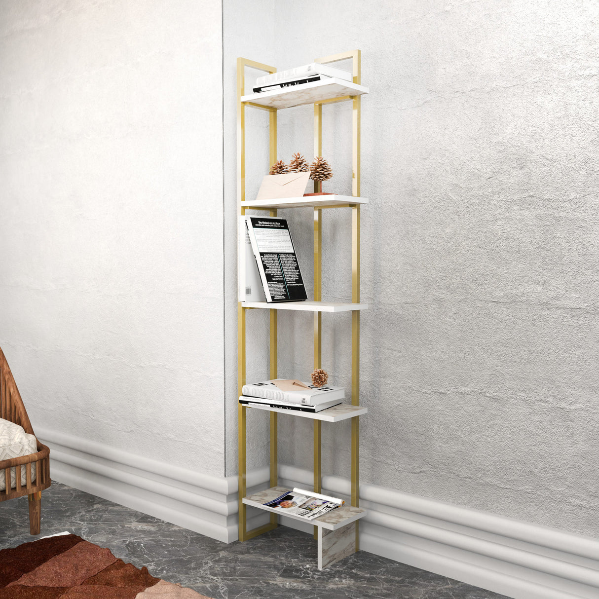 Bookcase Alice White Gold Melamine 45.2x180x21.6 cm