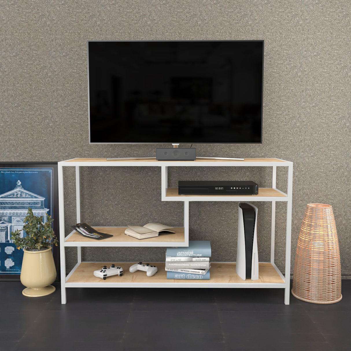 TV Furniture Robbins White White Oak Melamine 120x75x39 cm