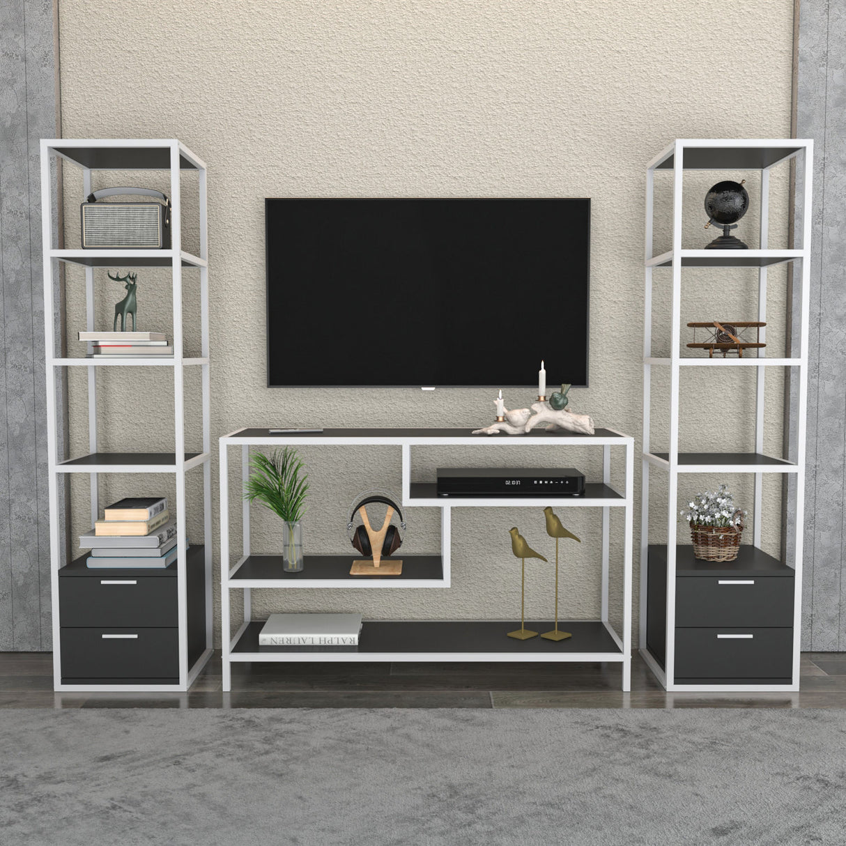 TV Furniture Set Robbins White White Anthracite Melamine 198x160x39 cm