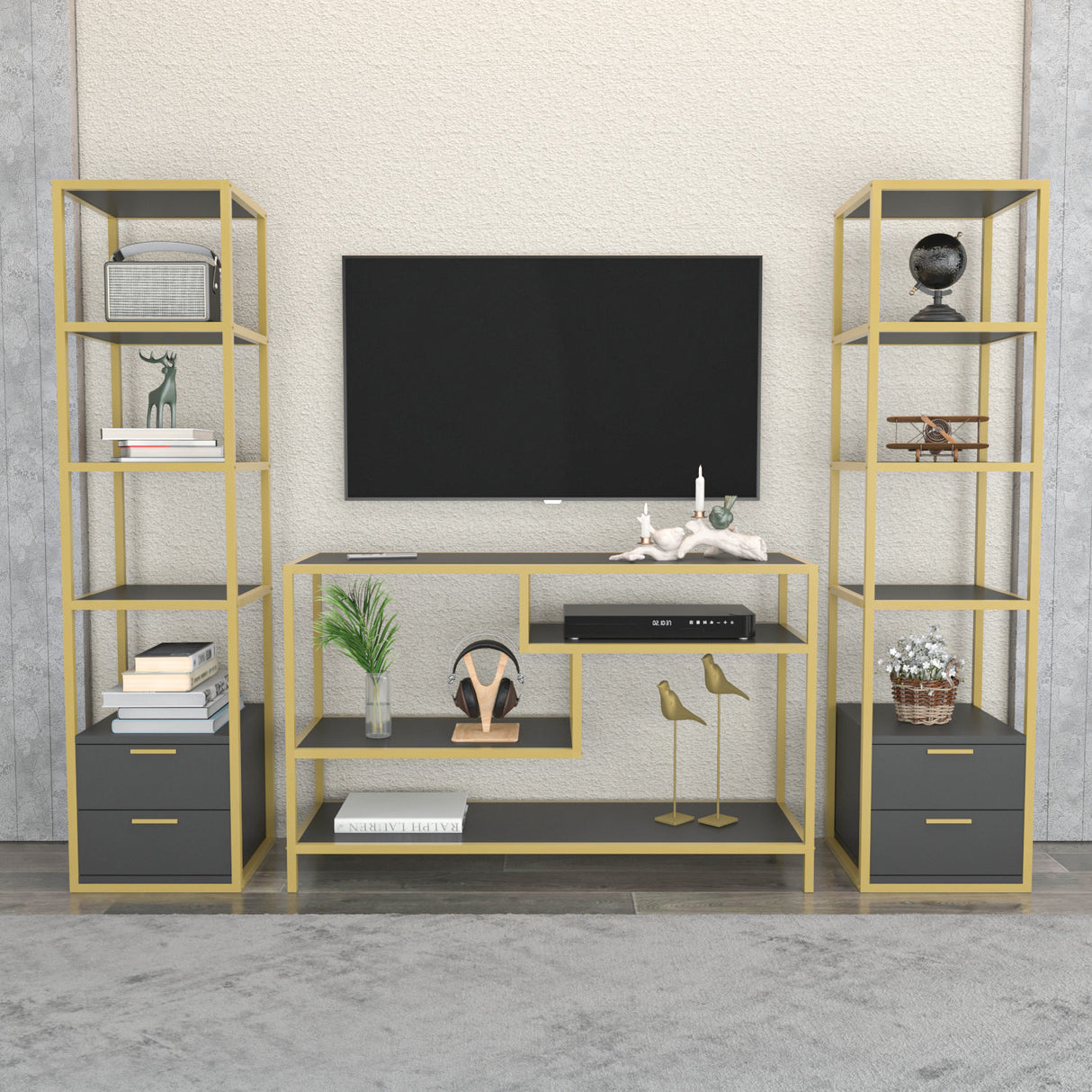 TV furniture set robbins gold gold anthracite melamine 198x160x39 cm