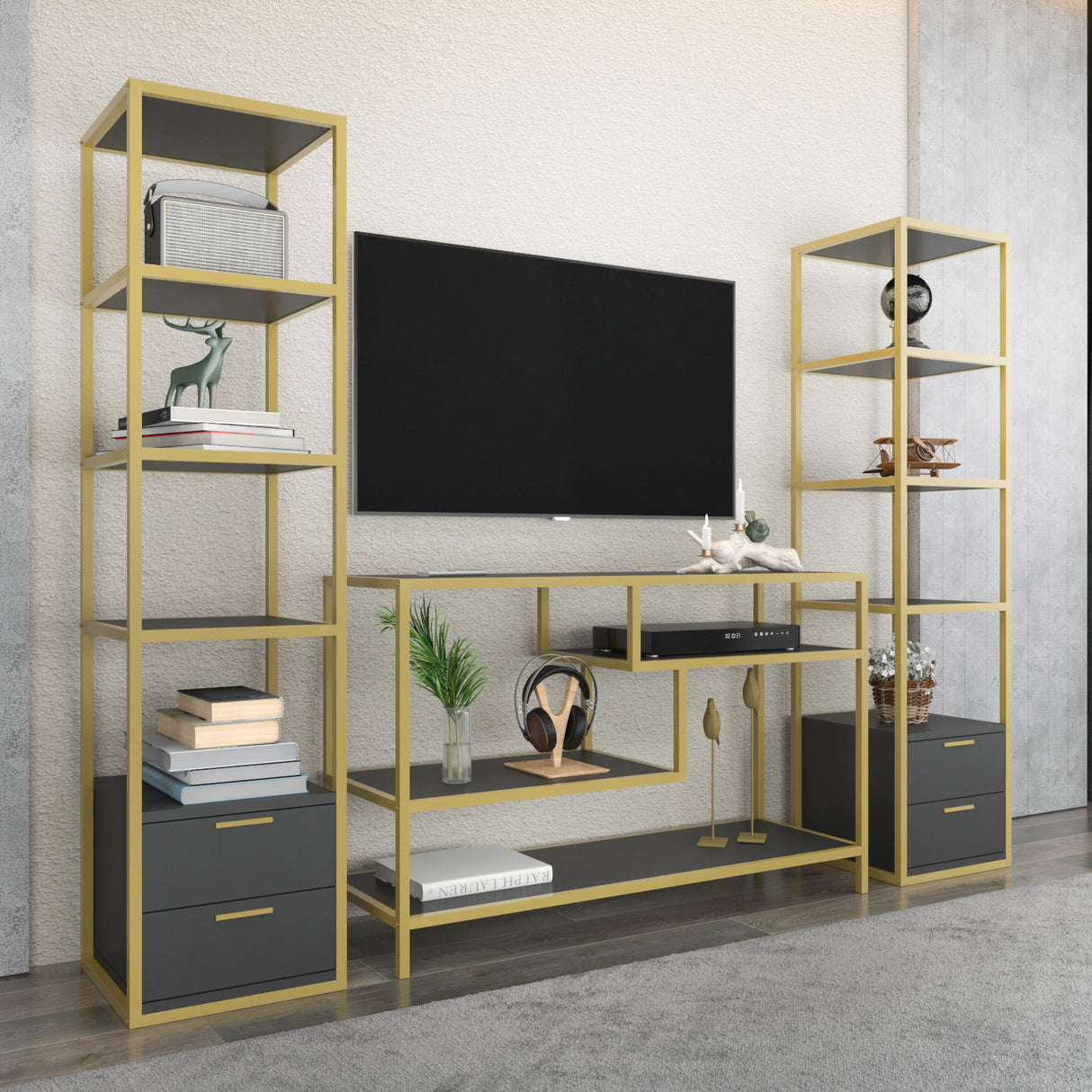 TV furniture set robbins gold gold anthracite melamine 198x160x39 cm