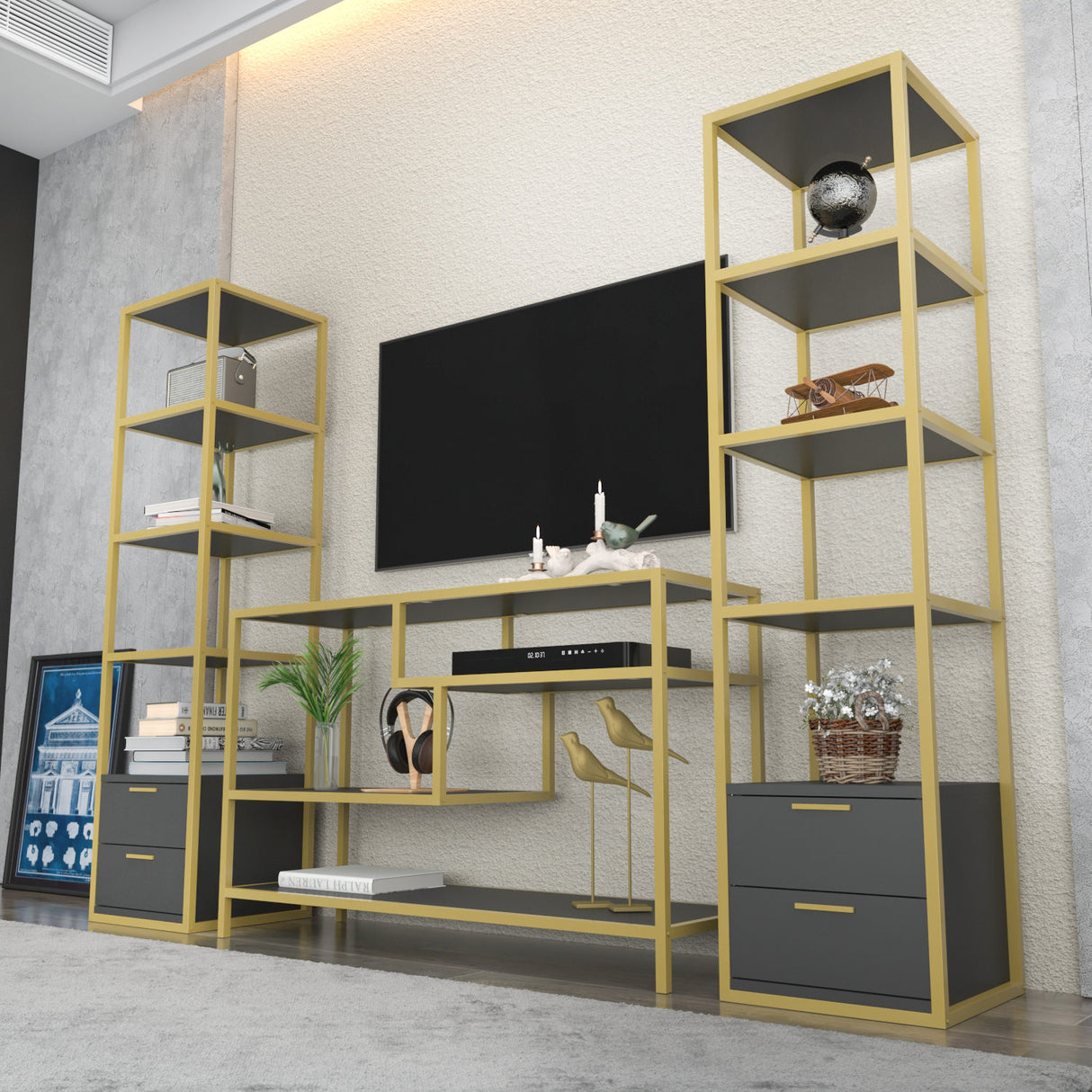 TV furniture set robbins gold gold anthracite melamine 198x160x39 cm