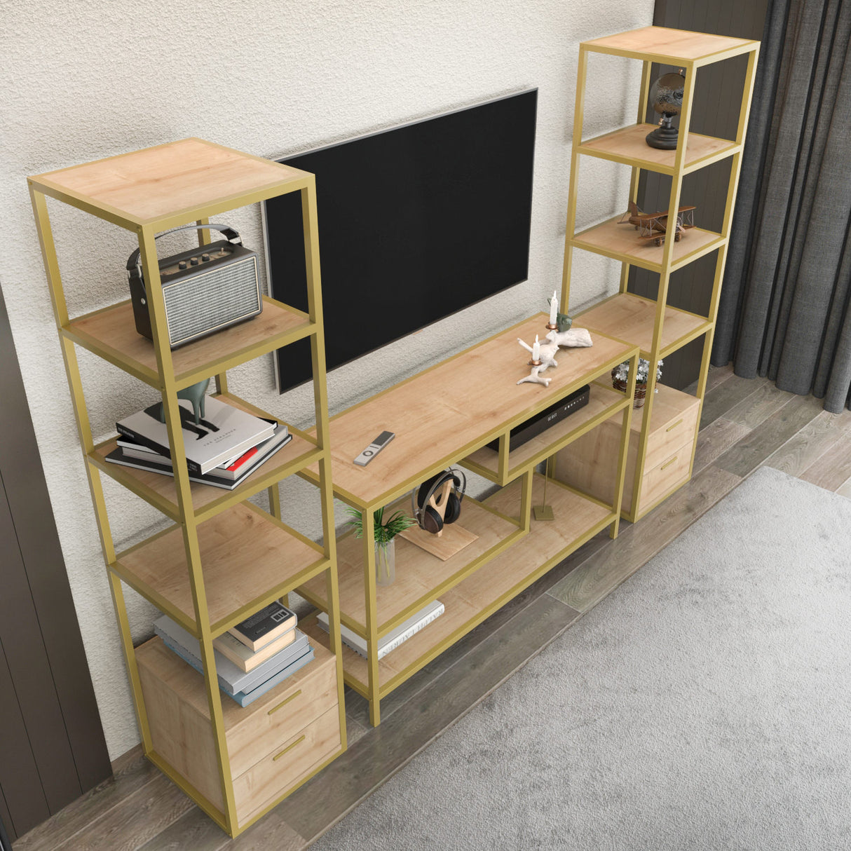 TV furniture set robbins gold gold oak melamine 198x160x39 cm