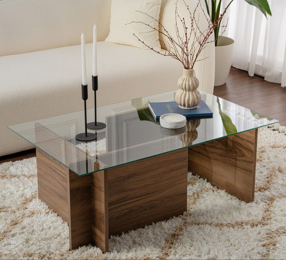 Rectangular Modern Coffee Table Vetroni Walnut Look - Glass - 105x65 cm 