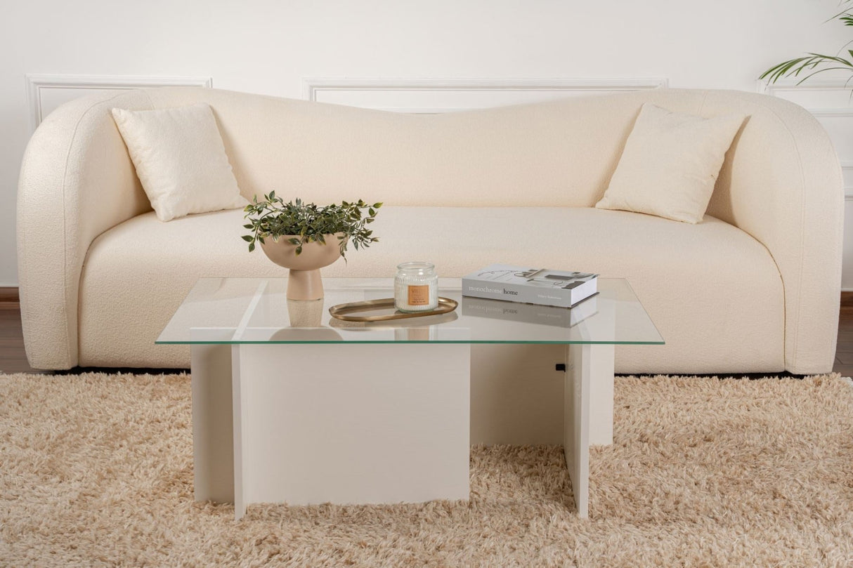 Rectangular Modern Coffee Table Vetroni White Wood Look - Glass - 105x65 cm 