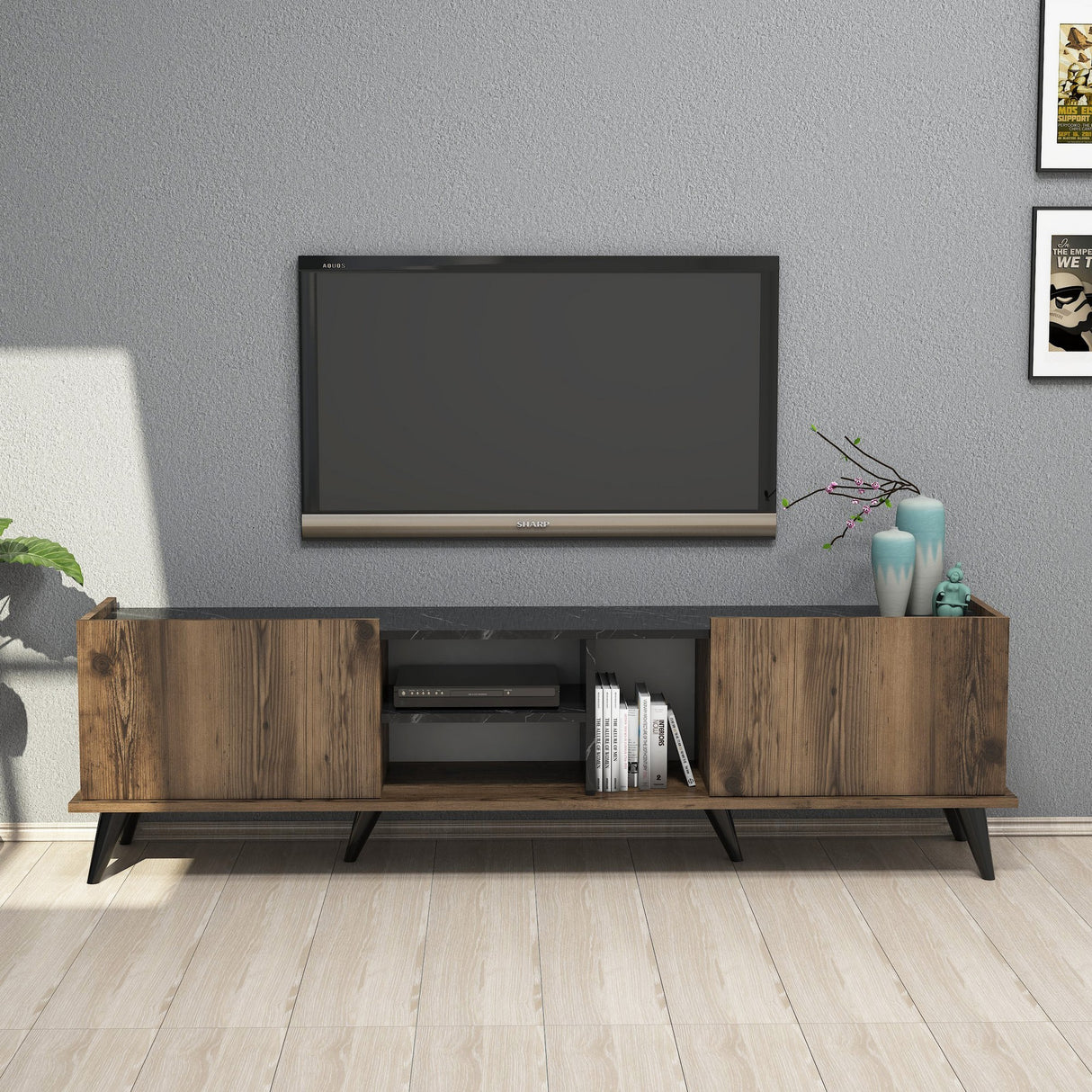 TV furniture elegant walnut black melamine 180x52x34 cm