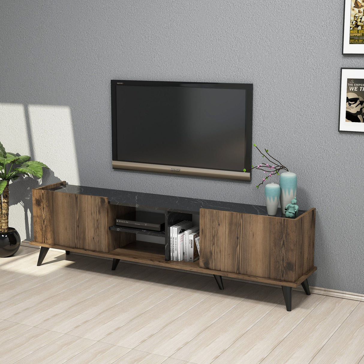 TV furniture elegant walnut black melamine 180x52x34 cm