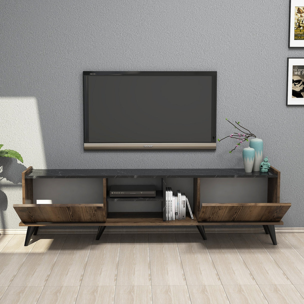 TV furniture elegant walnut black melamine 180x52x34 cm