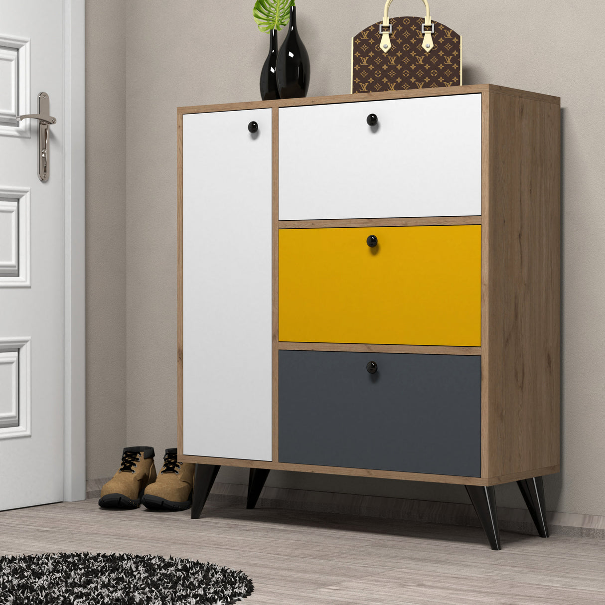 Shoe cabinet Bella oak white yellow anthracite melamine 90x105x35 cm