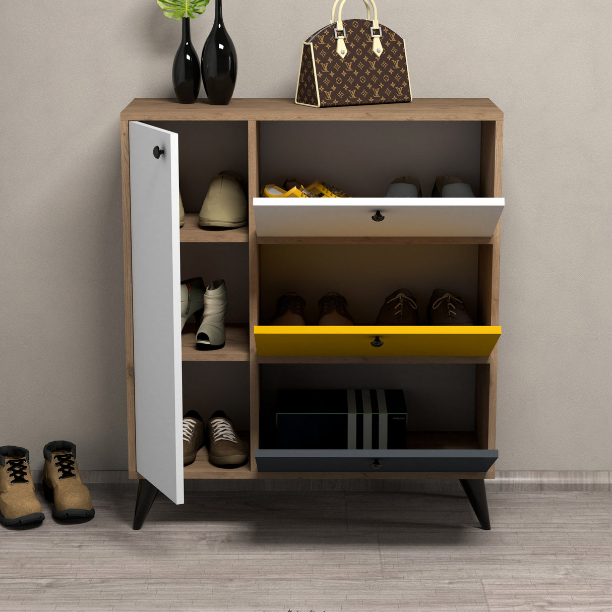 Shoe cabinet Bella oak white yellow anthracite melamine 90x105x35 cm