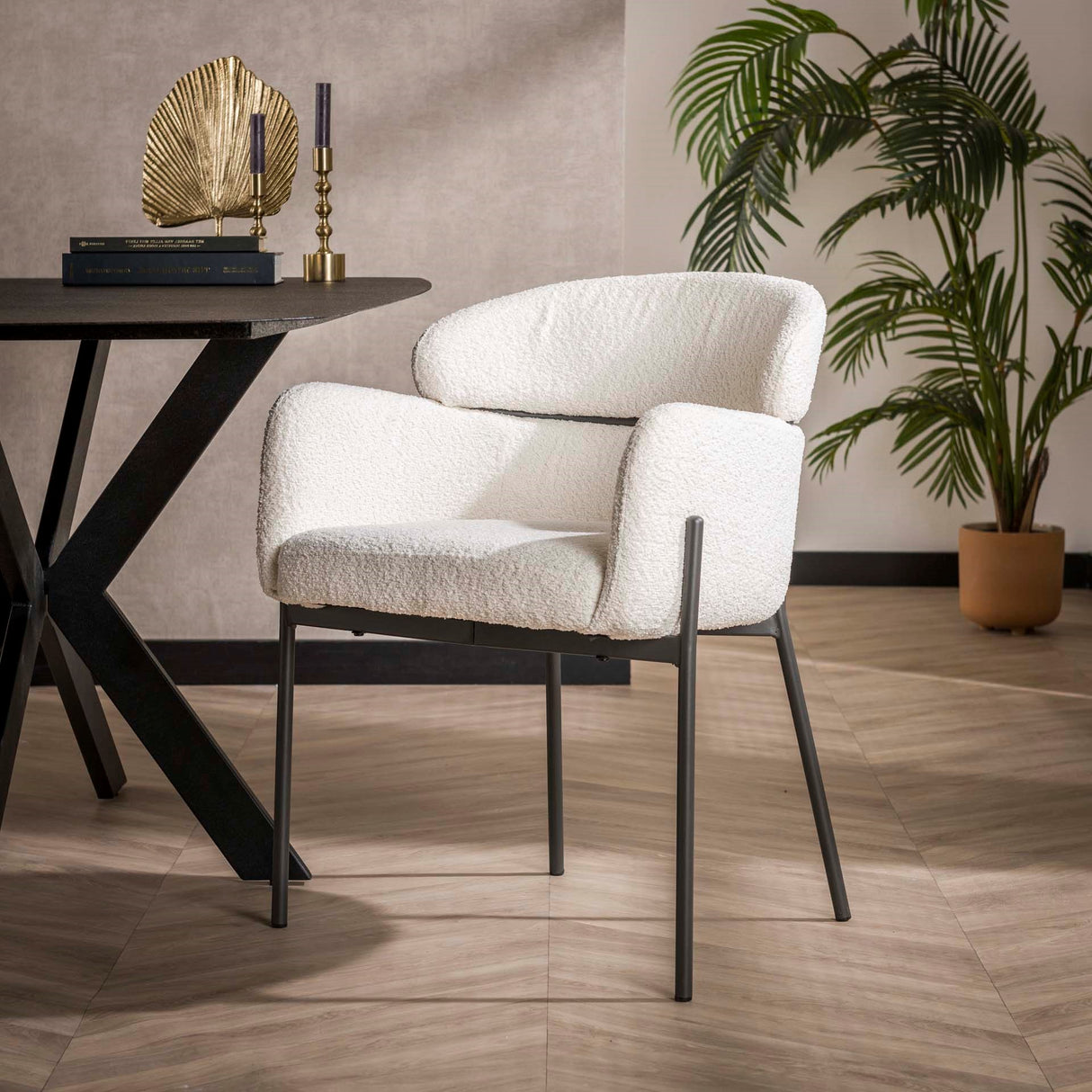 Dining chair Lola Bouclé fabric Cream white with round back and arm 