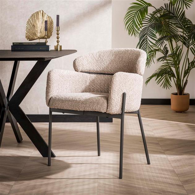 Dining chair Lola boucle fabric beige with round back and arm 