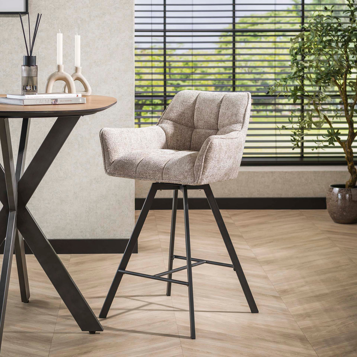 Set of 2 Bar Stools Lino Chenille Fabric Rich Sand Swivel 