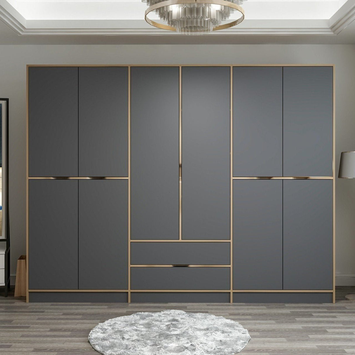 Wardrobe Elina Anthracite Gold Melamine 277x208x52 cm