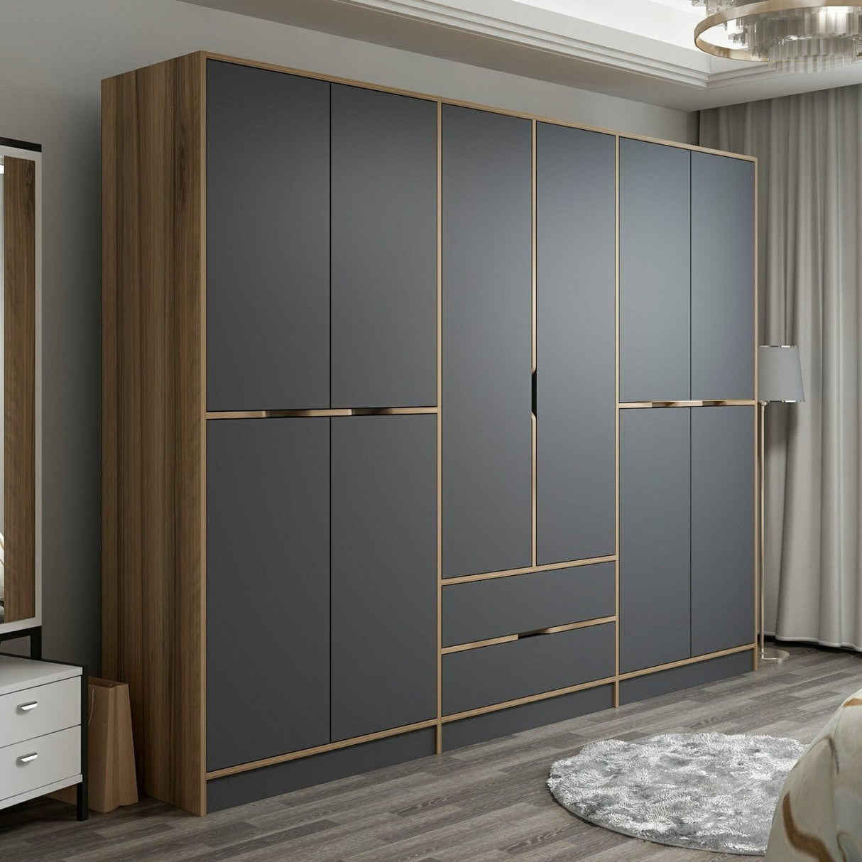 Wardrobe Elina Anthracite Gold Melamine 277x208x52 cm