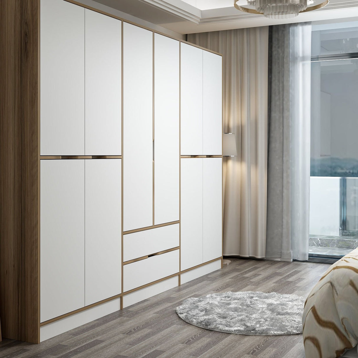 Wardrobe Elina White Gold Melamine 277x208x52 cm