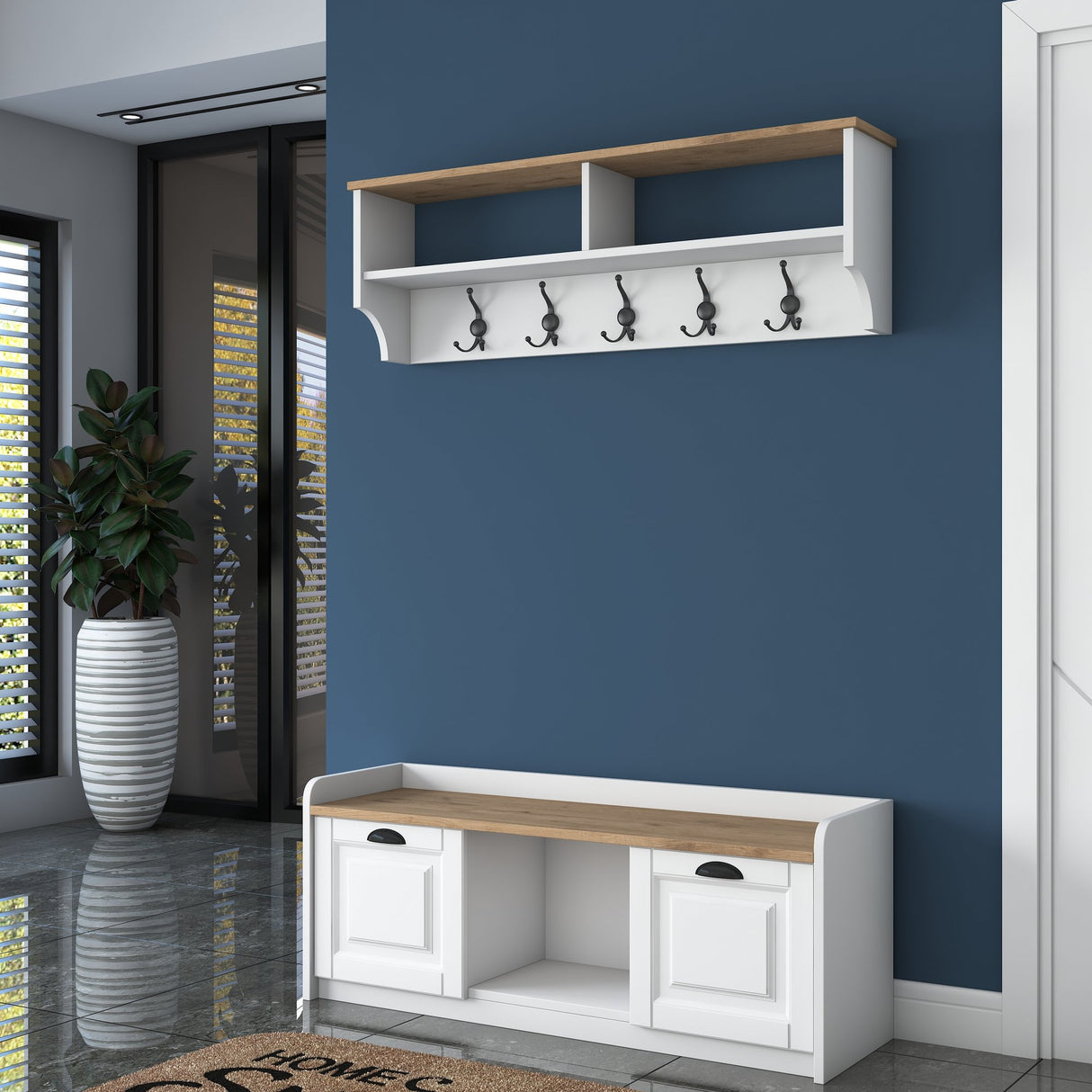 Furniture set Coat rack - Shoe cabinet - White-Walnut Melamine 