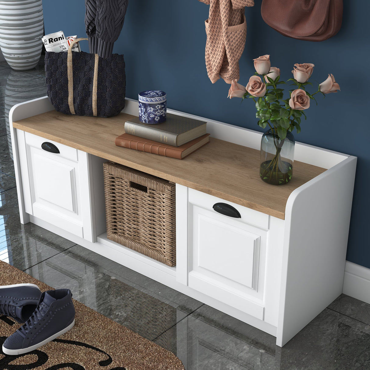 Furniture set Coat rack - Shoe cabinet - White-Walnut Melamine 