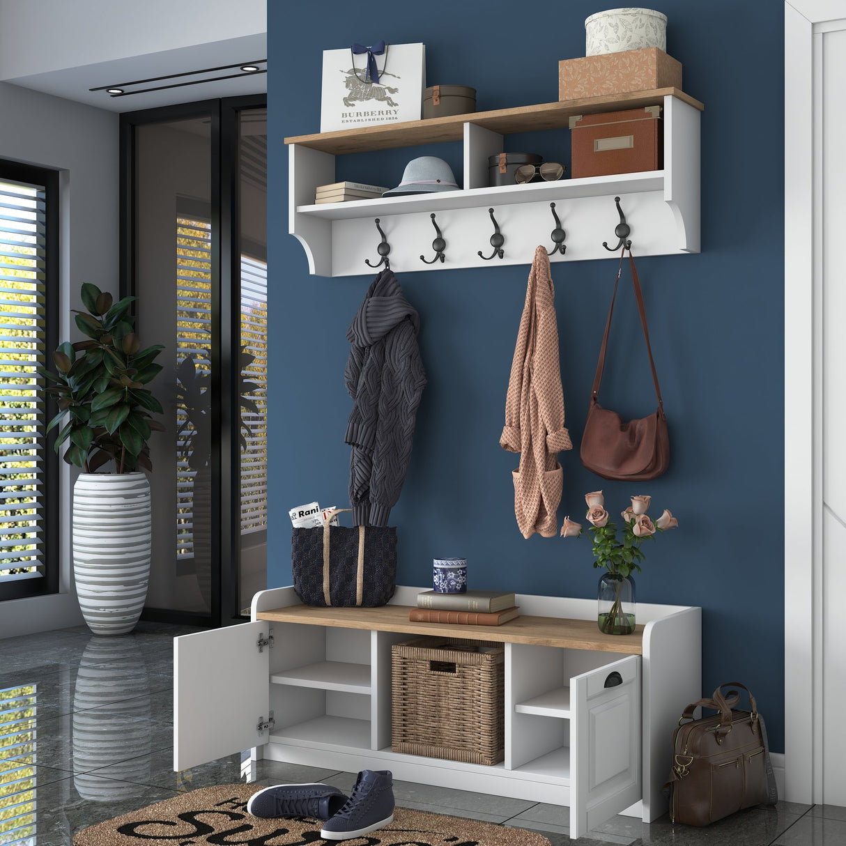 Furniture set Coat rack - Shoe cabinet - White-Walnut Melamine 